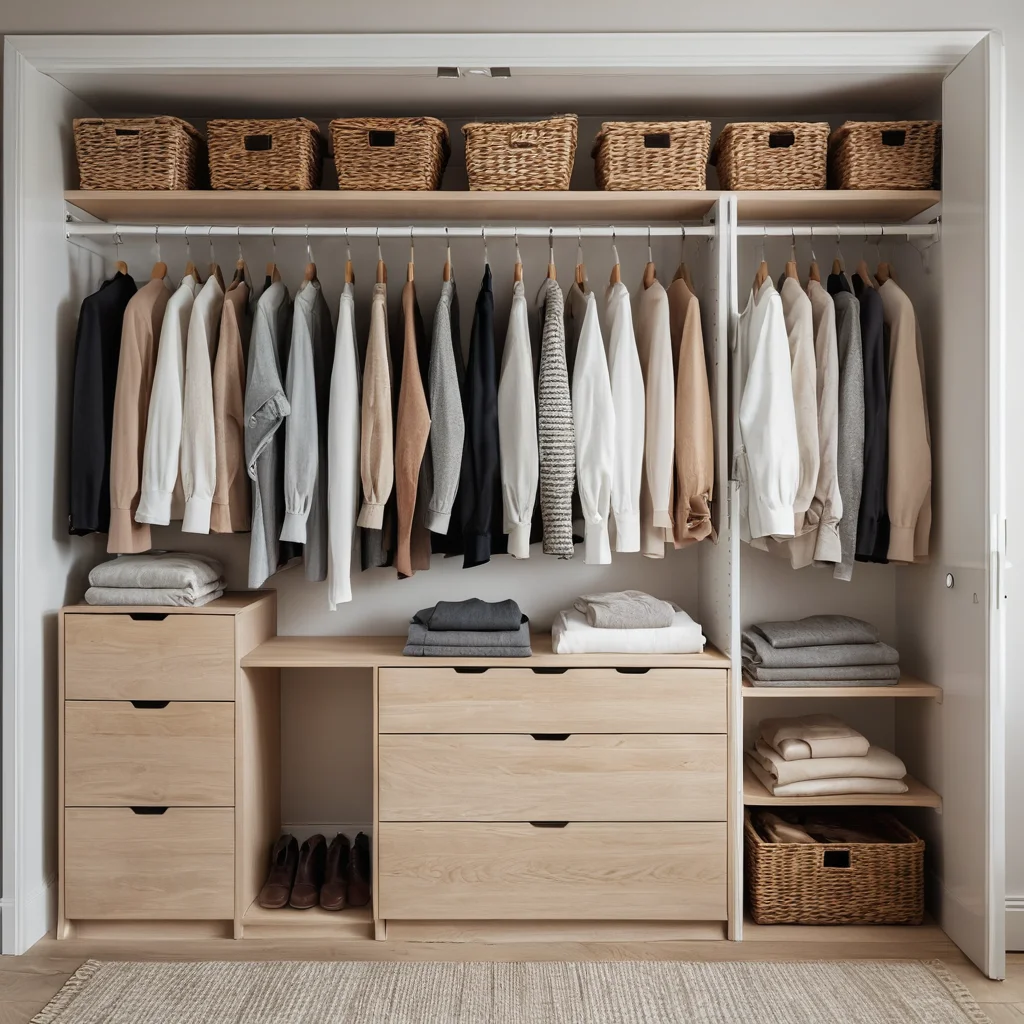 Аккуратно организованный шкаф с пустыми вешалками и отобранными вещами, демонстрирующий 'дышащий' интерьер с чувством порядка и достаточным свободным пространством.