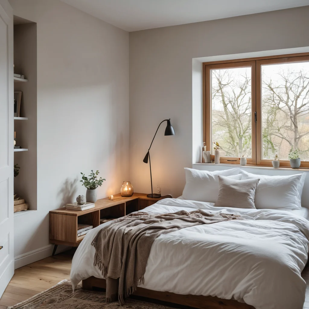 Безмятежная спальня с минимальным количеством предметов, организованное пространство, мягкий рассеянный свет, символизирующий спокойствие и психологический комфорт.