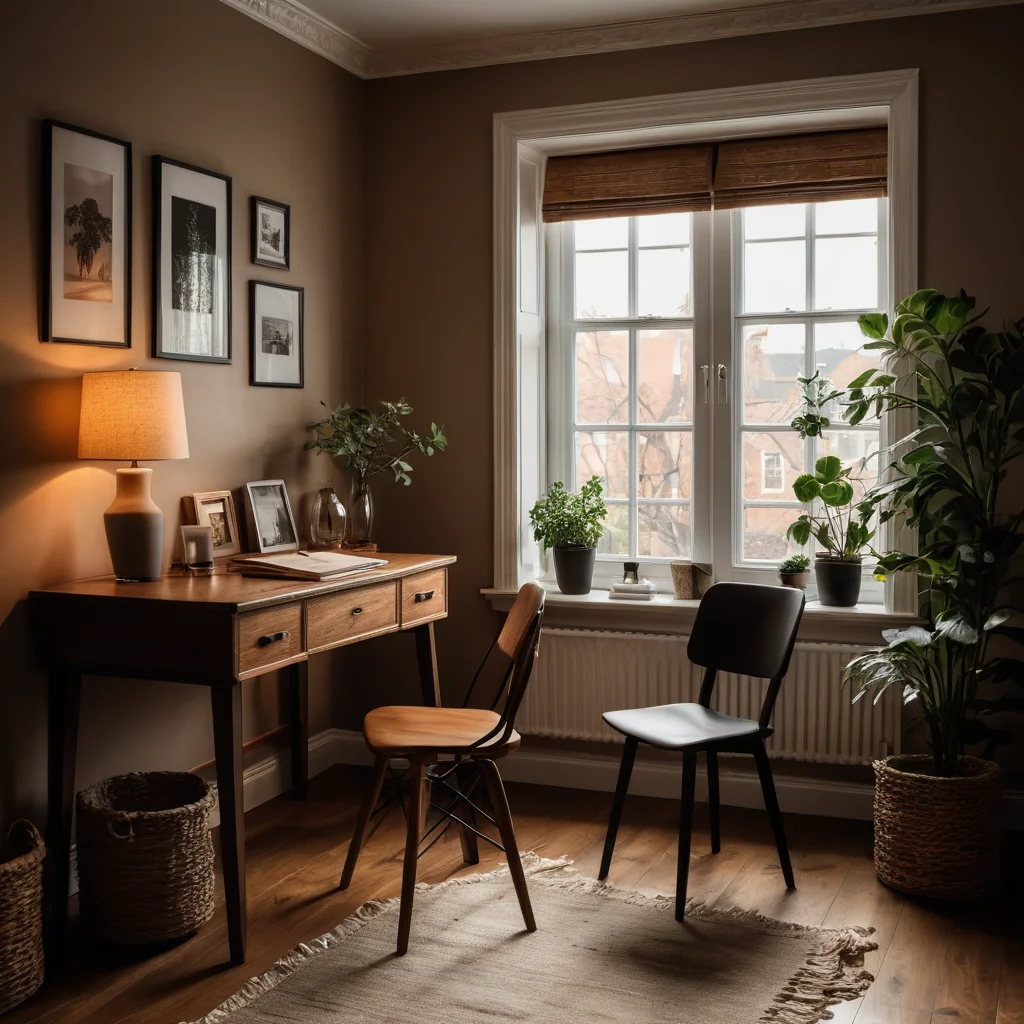 Уютный уголок для учебы, освещенный направленным светом, создающим драматические тени на пустом столе, подчеркивая ценность свободного пространства.