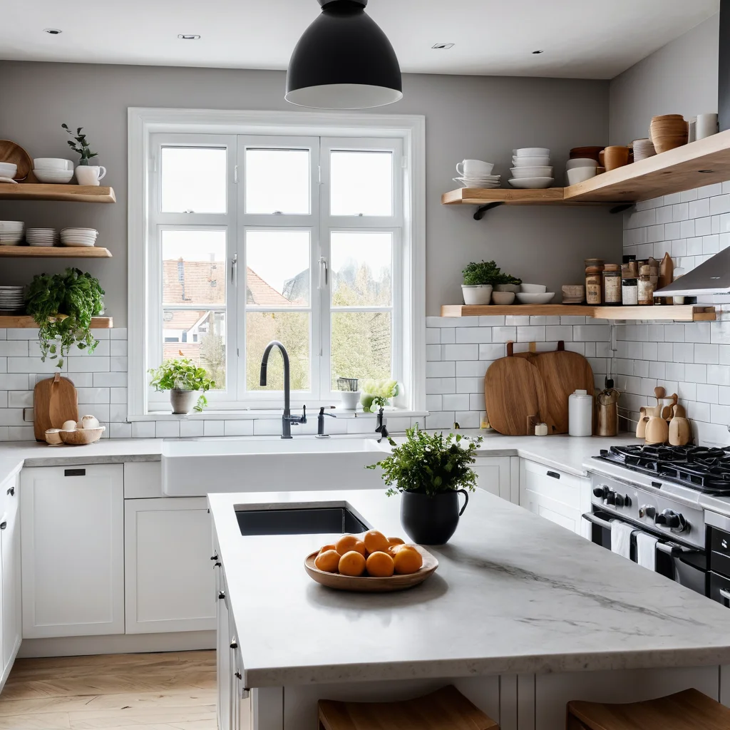 Светлая кухня в скандинавском стиле с чистыми линиями, открытыми полками и свободными столешницами, создающая ощущение визуальной легкости и простора.