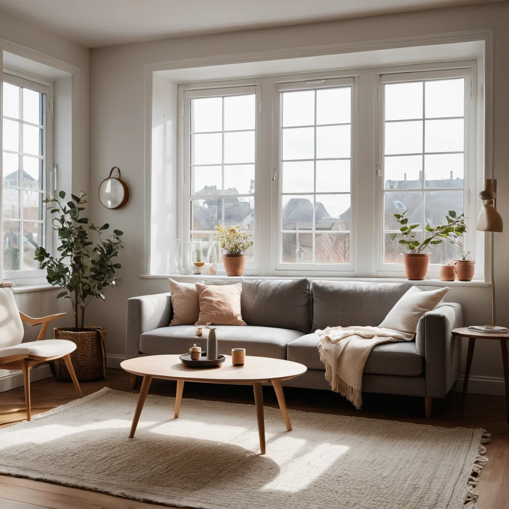Уютная гостиная в стиле минимализм с минимумом мебели, залитая естественным светом, создающая ощущение простора и спокойствия.