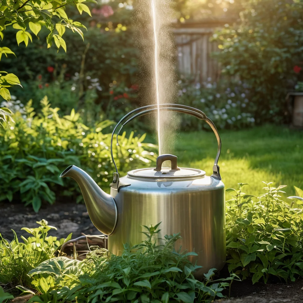 Photorealistic image of the process of destroying weeds with boiling water from a kettle and baking soda, with a detailed depiction of steam rising from the hot water, next to healthy garden plants.