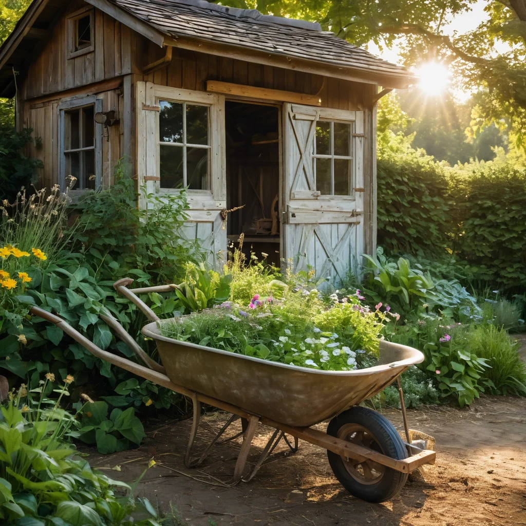 Фотореалистичное изображение уютного садового сарая на залитой солнцем даче, рядом стоит переполненная тачка с инструментами, демонстрирующая трудности борьбы с сорняками, но с надеждой на чистый участок.