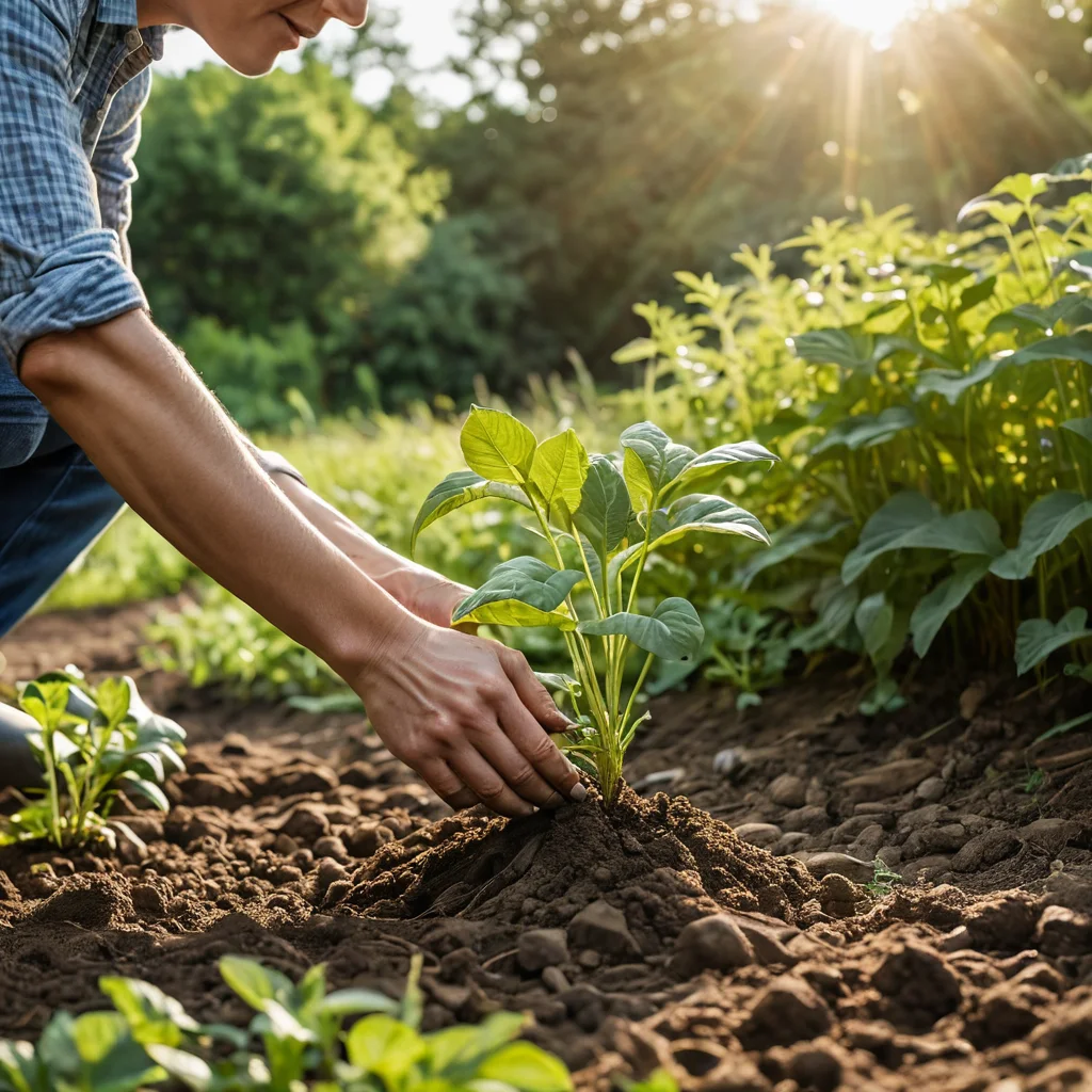 Photorealistic image of hands carefully pulling weeds out by the root from the soil in a garden bed, with detailed rendering of the soil and root system, emphasizing the importance of manual weeding.