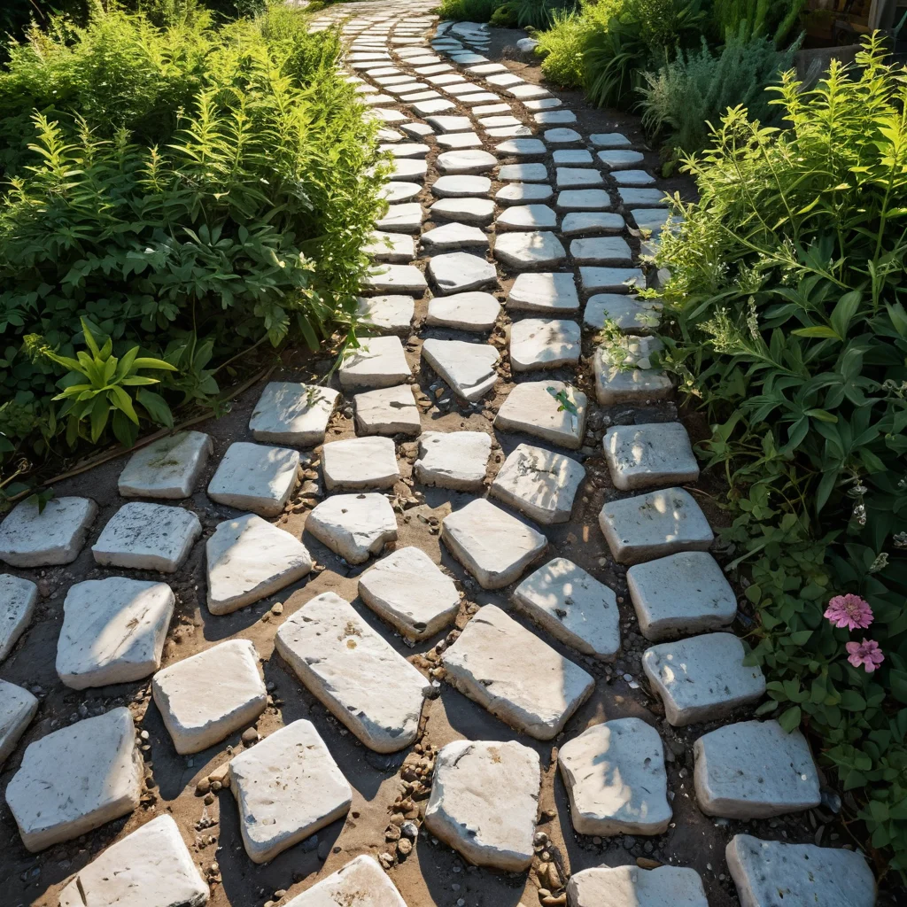 Photorealistic top-down view of a garden path with dried weeds between stones, onto which a liquid – salt and vinegar – has been poured, demonstrating a folk method of combating unwanted vegetation.