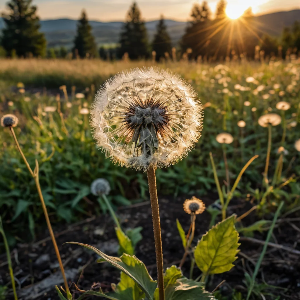 Photorealistic macro shot of stubborn and tenacious weeds like dandelion, bindweed, and thistle, with a detailed depiction of their stems and roots, emphasizing the difficulty of combating them.