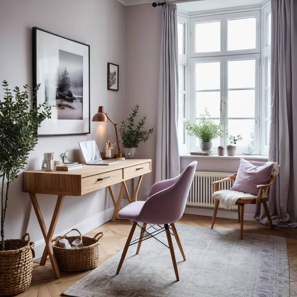 Минималистичный домашний офис с едва уловимым ароматом лаванды, способствующий концентрации и спокойствию, демонстрирующий влияние запахов на подсознание.
