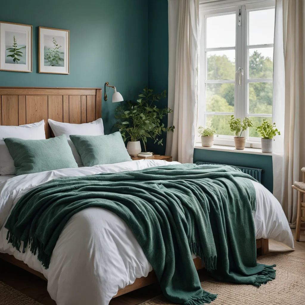 Спальня в успокаивающих синих и зелёных тонах с мягким текстилем и солнечным светом, символизирующая безмятежность и психологическое влияние цвета в интерьере.