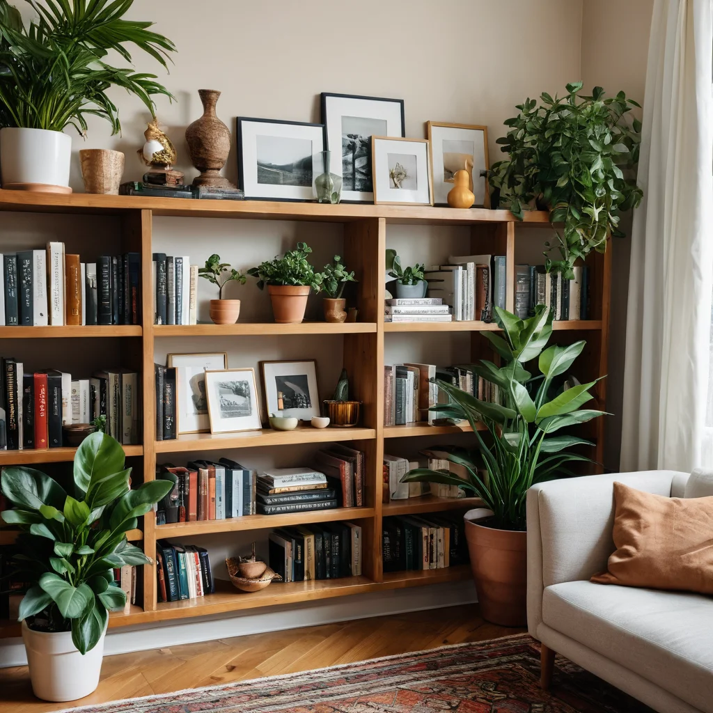Эклектичная книжная полка с тщательно подобранной картиной, ярким комнатным растением и личными предметами, иллюстрирующая, как детали декора становятся триггерами эмоций.