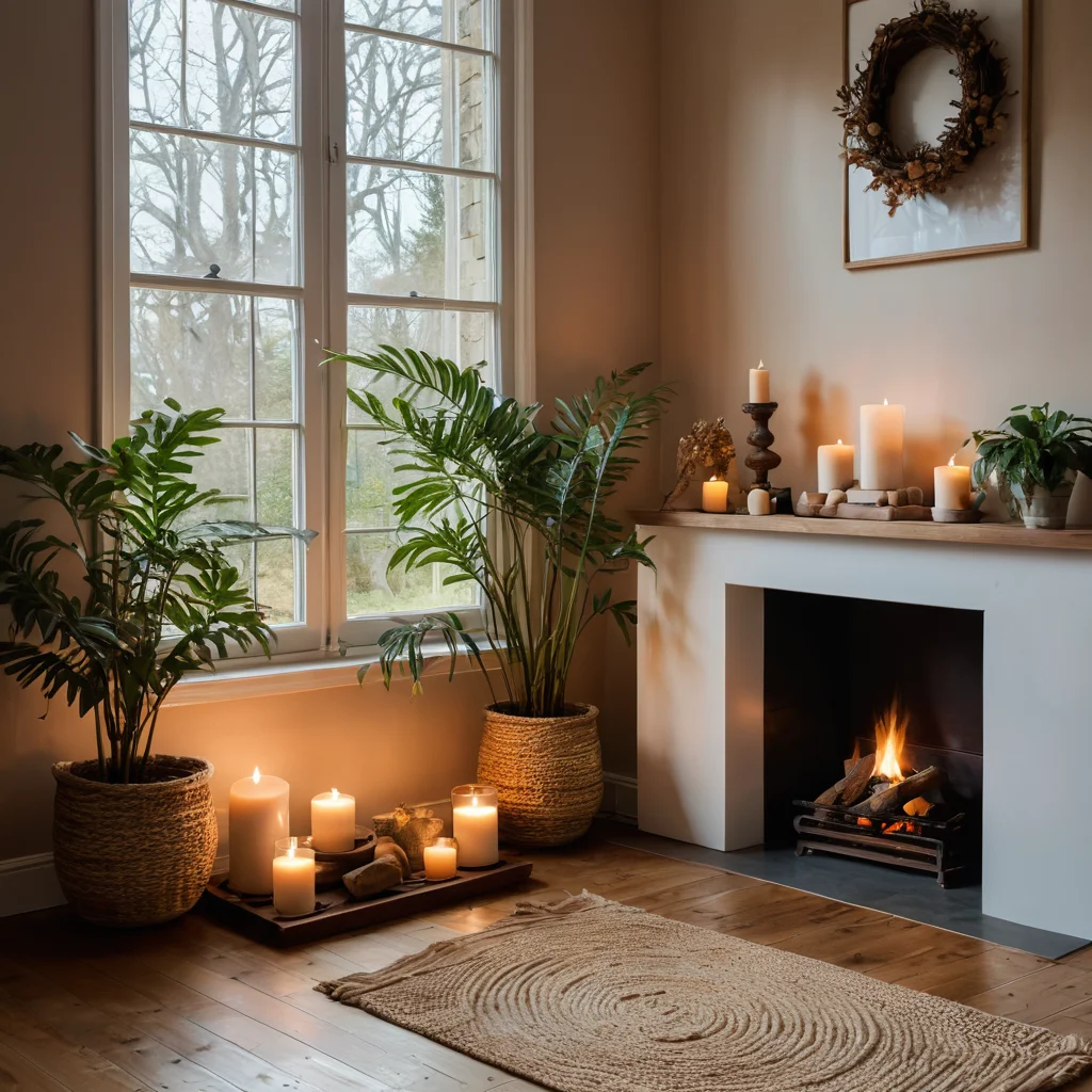 Спокойное домашнее святилище с уголком для медитации, природными элементами и личным алтарём, символизирующее создание 'дома силы' для эмоционального благополучия.