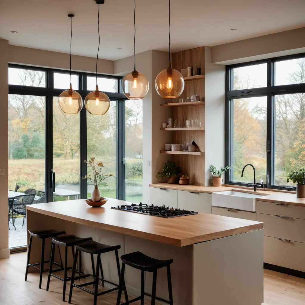 Современная кухня с тёплым светом подвесных ламп над островом и естественным освещением из окна, передающая атмосферу счастья и энергии через управление светом.