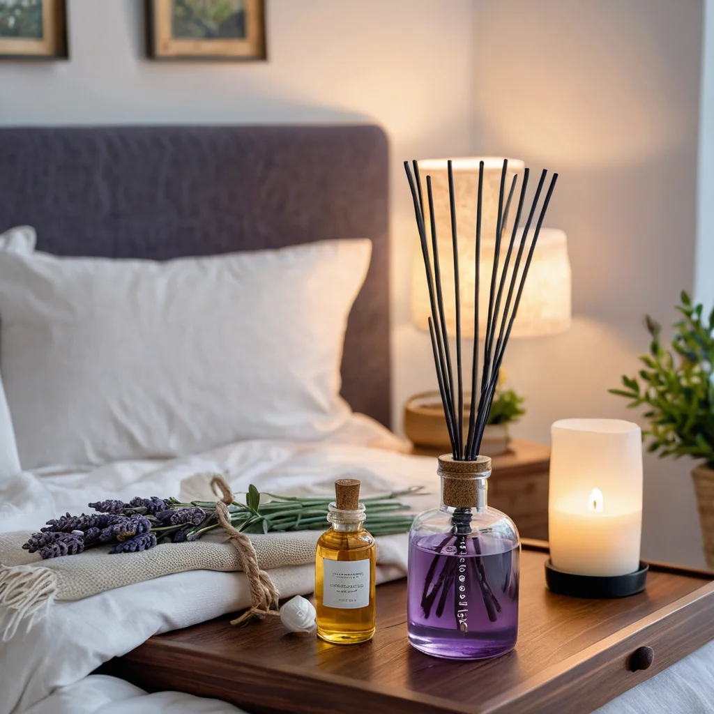 Аромадиффузор с эфирным маслом лаванды и ароматом ромашки в спальне, способствующий спокойному сну, в стиле фотореализма.
