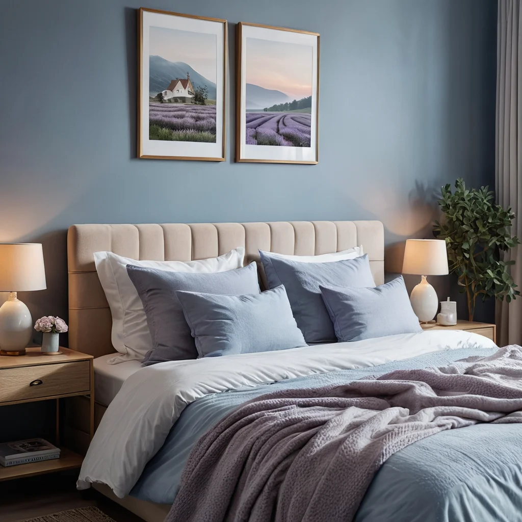 Палитра цветов спальни, включающая безмятежный синий, мягкий лавандовый и теплый бежевый, создающая атмосферу для быстрого засыпания и качественного отдыха, в стиле фотореализма.
