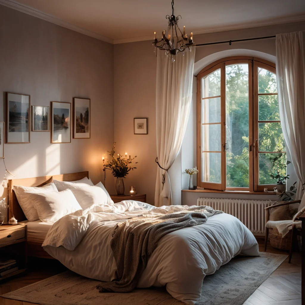 Уютная спальня, освещенная мягким лунным светом, с мистической атмосферой, символизирующая портал в мир снов, в стиле фотореализма.