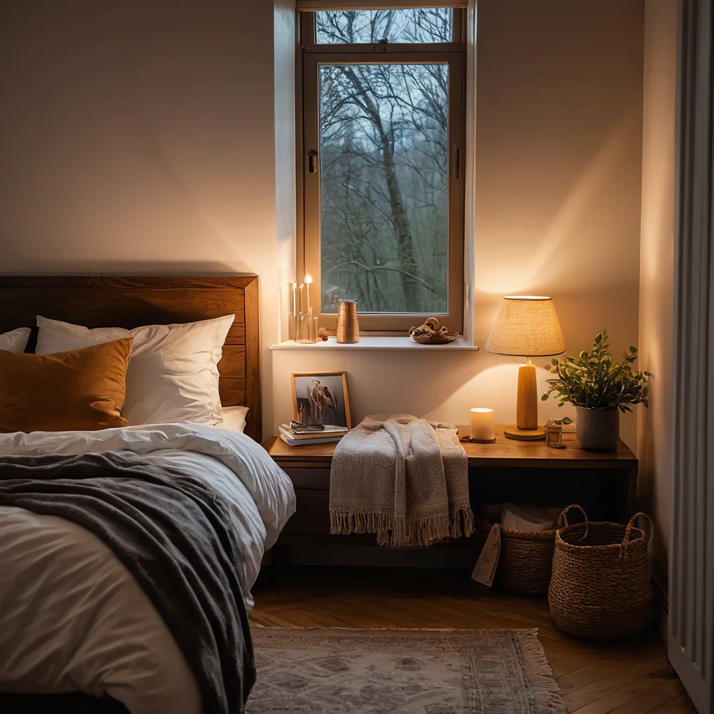 Спальня с приглушенным рассеянным светом и мягкими тенями, создающими идеальную атмосферу для умиротворенного сна и уютного уголка для чтения, в стиле фотореализма.
