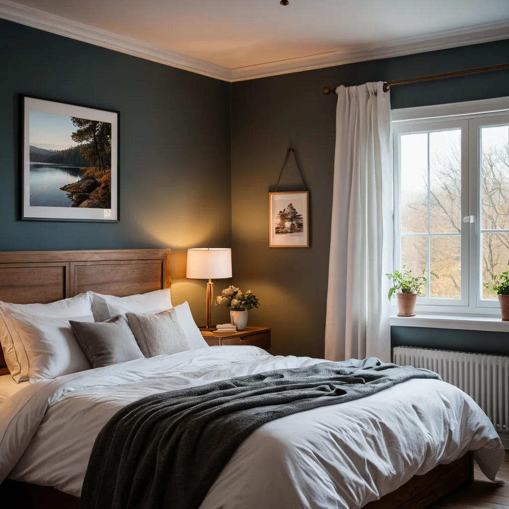 Научная иллюстрация, показывающая связь между декором спальни, успокаивающими цветами и гармоничной обстановкой, влияющей на мозговые волны во время глубокого сна, в стиле фотореализма.