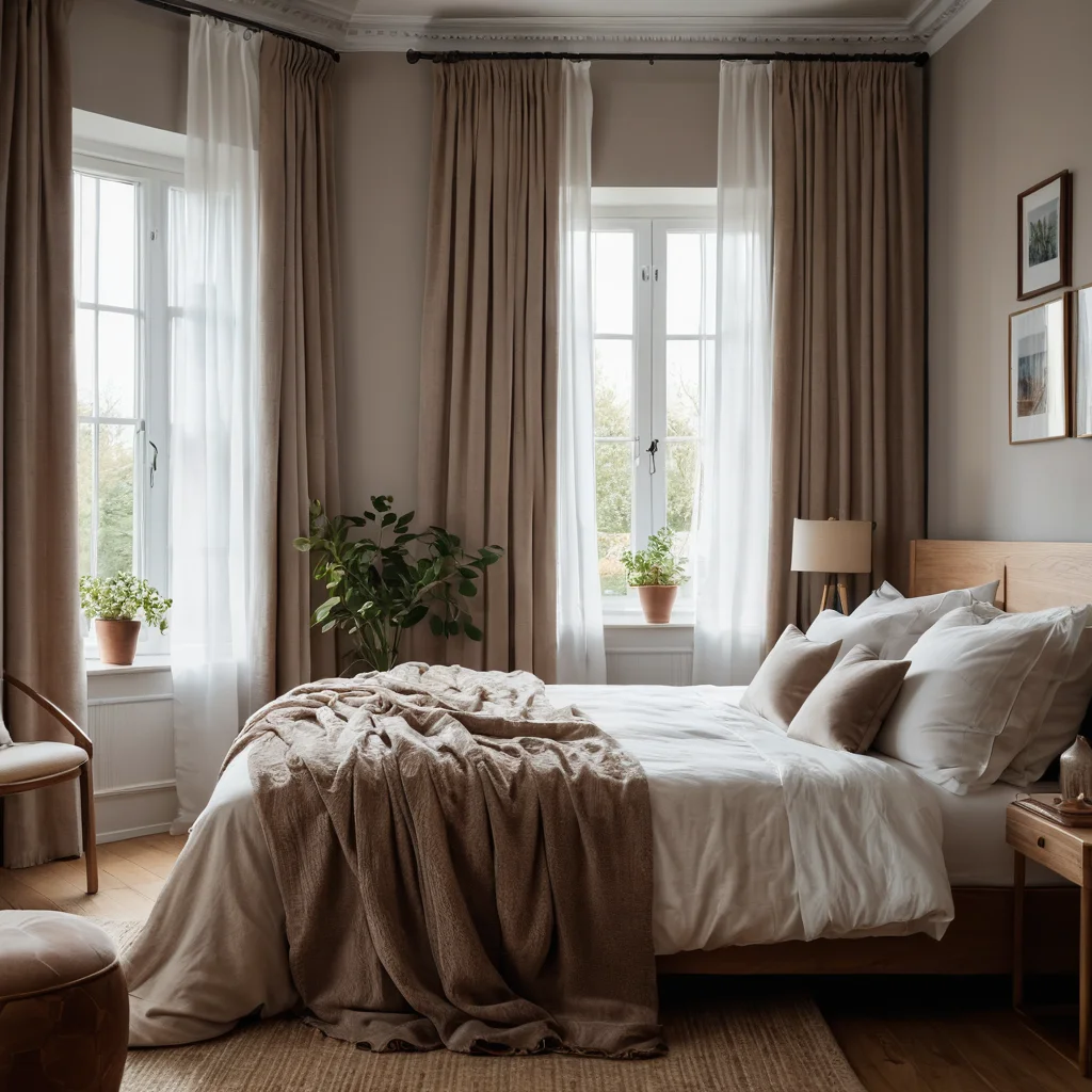 Спальня с мягким постельным бельем из льна, плюшевыми бархатными шторами и элементами из натурального дерева, создающими тактильный комфорт и атмосферу уютного убежища, в стиле фотореализма.