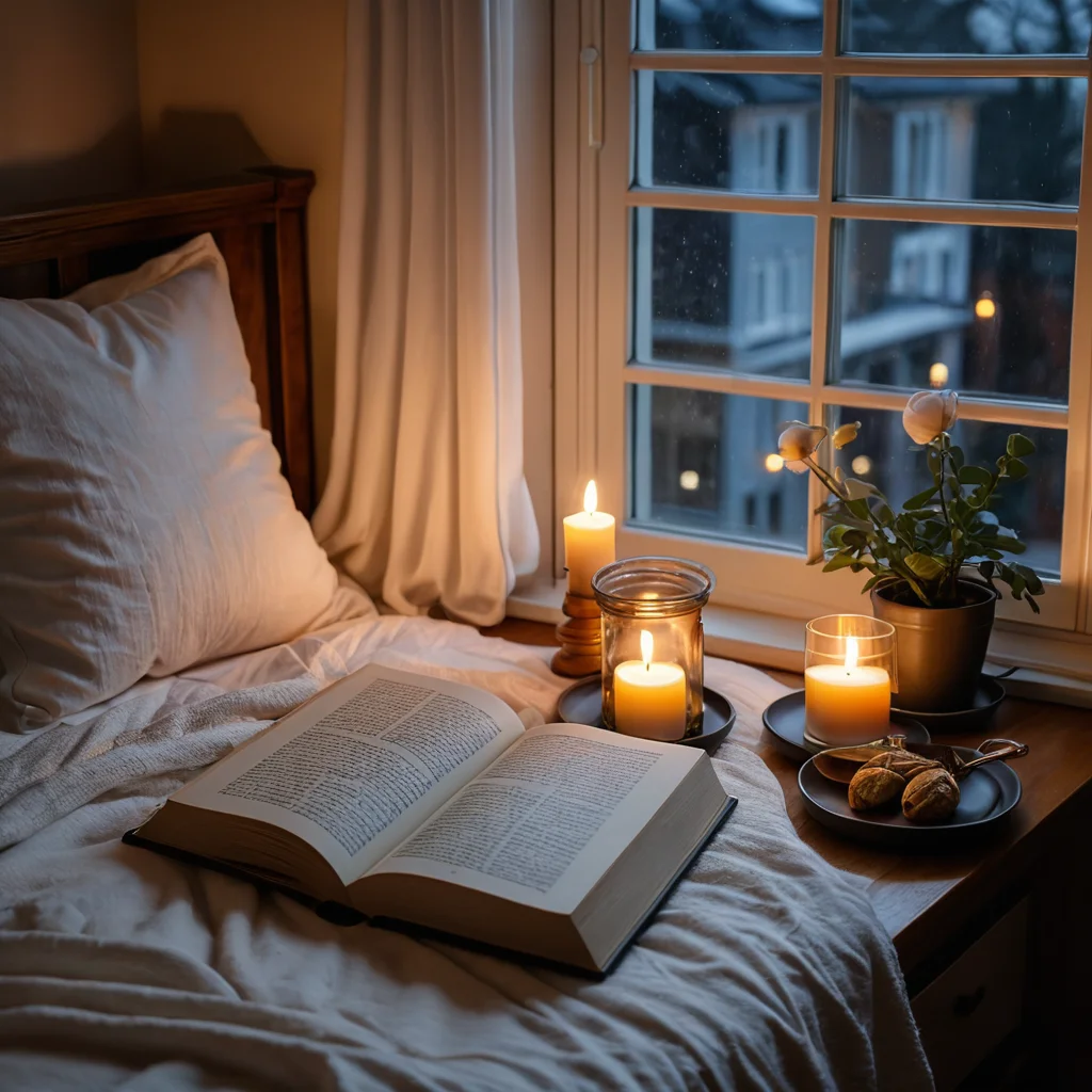 Уютный уголок спальни, предназначенный для ритуала перед сном, с книгой, теплым напитком и нежным светом свечи, способствующий глубокому восстанавливающему сну, в стиле фотореализма.