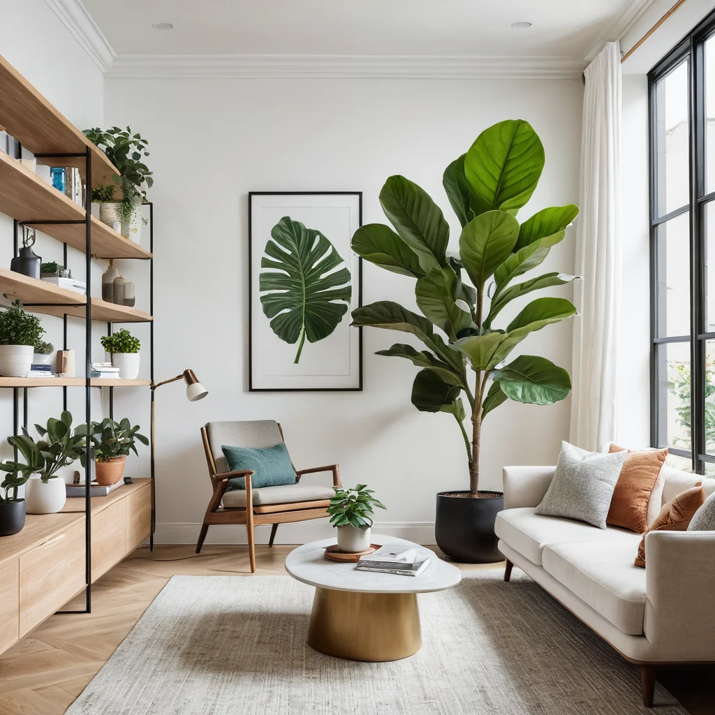 Интерьер небольшой квартиры с крупным комнатным растением, демонстрирующий умное и функциональное решение для его зимнего хранения, сочетающее современный дизайн и экономию пространства.