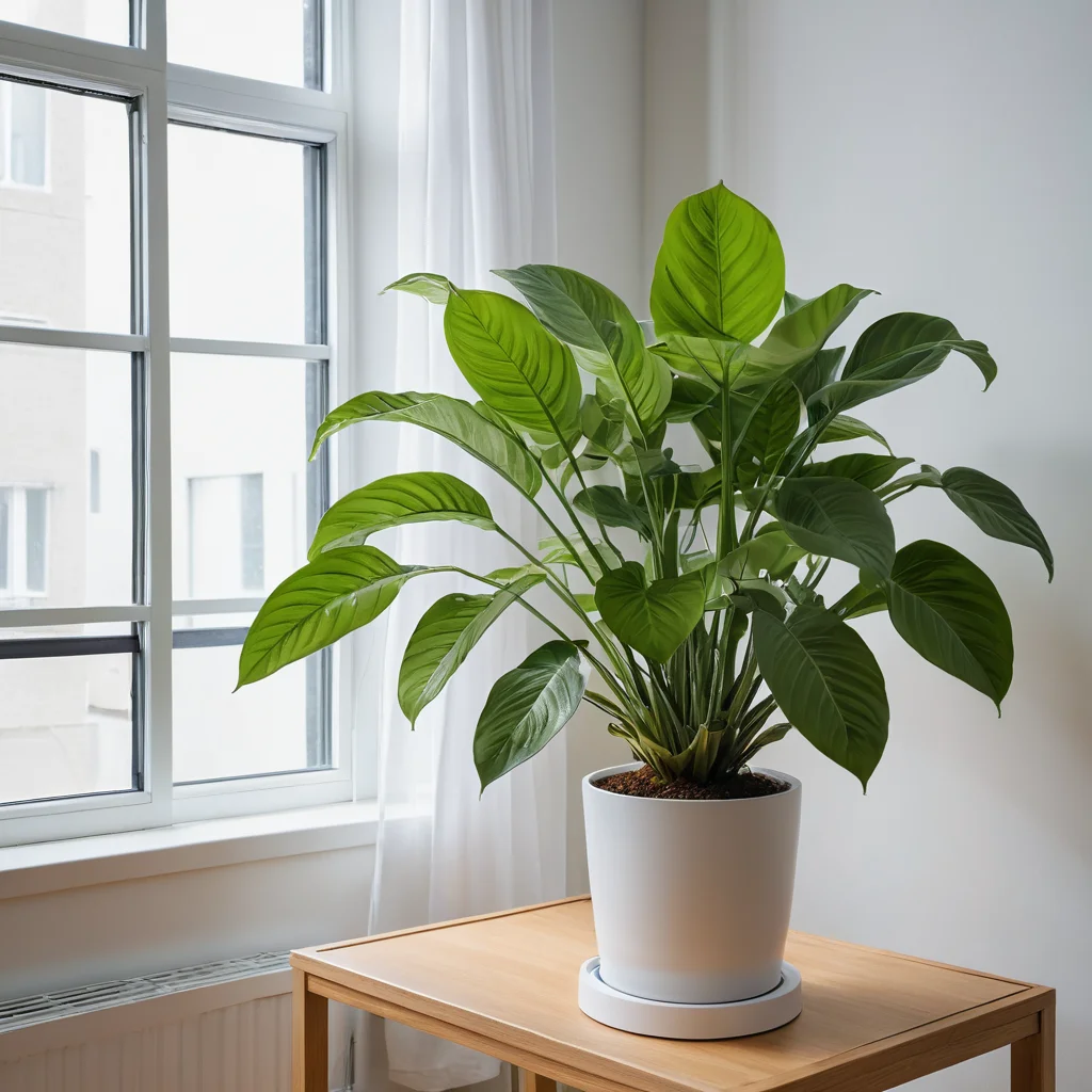 Крупный план здорового крупного комнатного растения в небольшой квартире, окруженного элементами, обеспечивающими оптимальные условия для зимнего покоя: правильное освещение, влажность и температура.