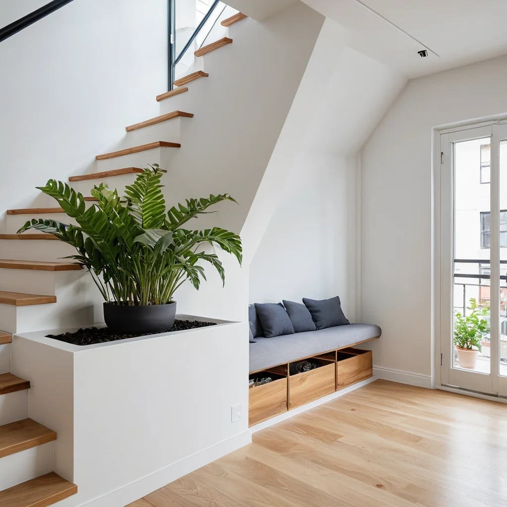 Фотография небольшой квартиры, где большое комнатное растение размещено в неочевидной скрытой нише, например, под лестницей или на глубоком подоконнике, демонстрируя креативное использование каждого сантиметра для зимнего хранения.