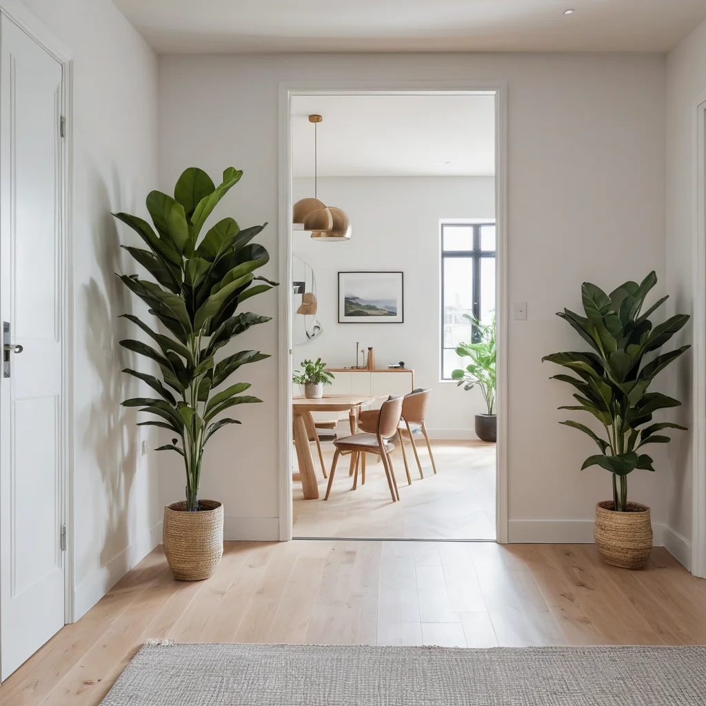 Интерьер небольшой квартиры, использующий оптические иллюзии: светлые тона, зеркала и продуманное зонирование, чтобы гармонично интегрировать большое комнатное растение, создавая ощущение простора и уюта для его зимнего размещения.