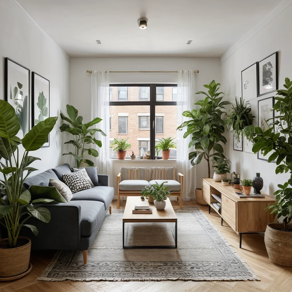 Изображение интерьера небольшой квартиры, демонстрирующее типичные ошибки при размещении больших комнатных растений зимой: скученность, недостаток света и перегруженность пространства, что может привести к превращению квартиры в 