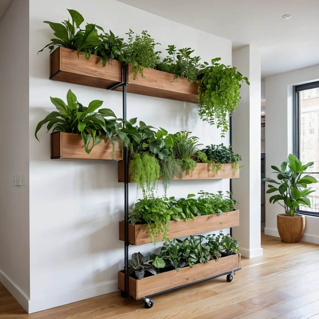 Интерьер небольшой городской квартиры, демонстрирующий трансформируемые решения для больших комнатных растений: вертикальный сад, настенные полки и мобильные платформы на колесах для удобного перемещения и зимнего хранения.