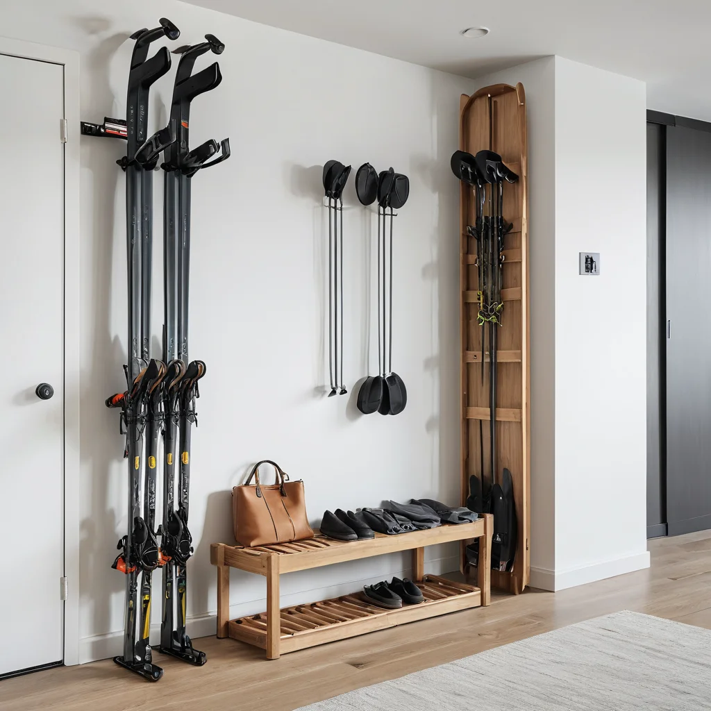 Фотореалистичное изображение идеально организованного входа в квартиру с вертикальной стойкой для лыж и аккуратным местом для санок, служащее чек-листом идеального хранения сезонного инвентаря.