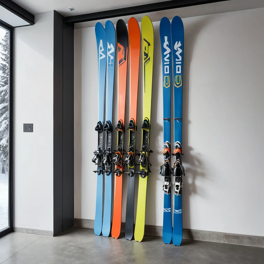 Фотореалистичное изображение стены в прихожей или на балконе современной квартиры, где настенное крепление для лыж удерживает несколько пар лыж, демонстрируя эффективный метод хранения.