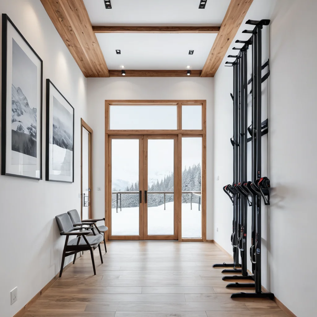 Фотореалистичное изображение современного коридора с высоким потолком, где вертикальная стойка для лыж установлена на стене, а санки аккуратно размещены над дверным проемом, демонстрируя принципы вертикального хранения.