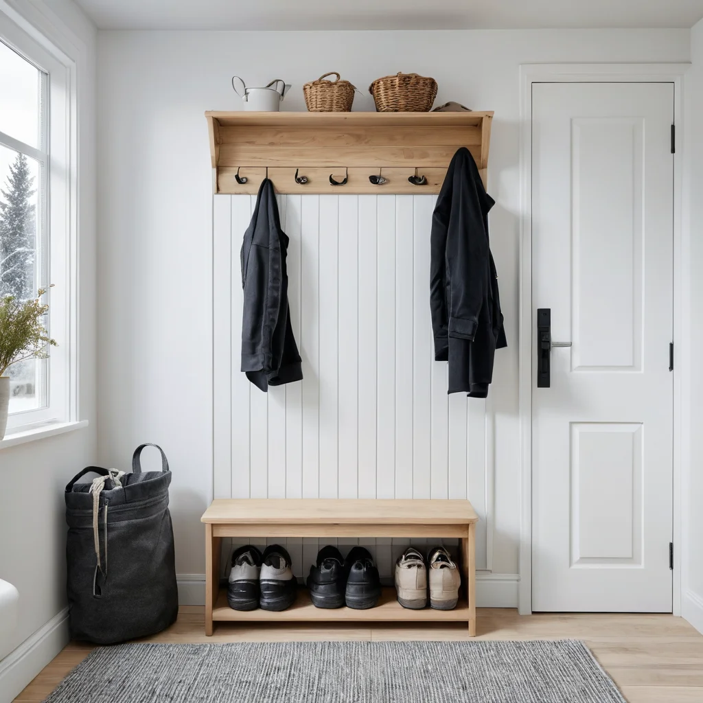 Фотореалистичное изображение прихожей с компактными санями, сложенными вертикально у стены, и крючками для зимней одежды, представляющее оптимальное решение для хранения санок в узком пространстве.