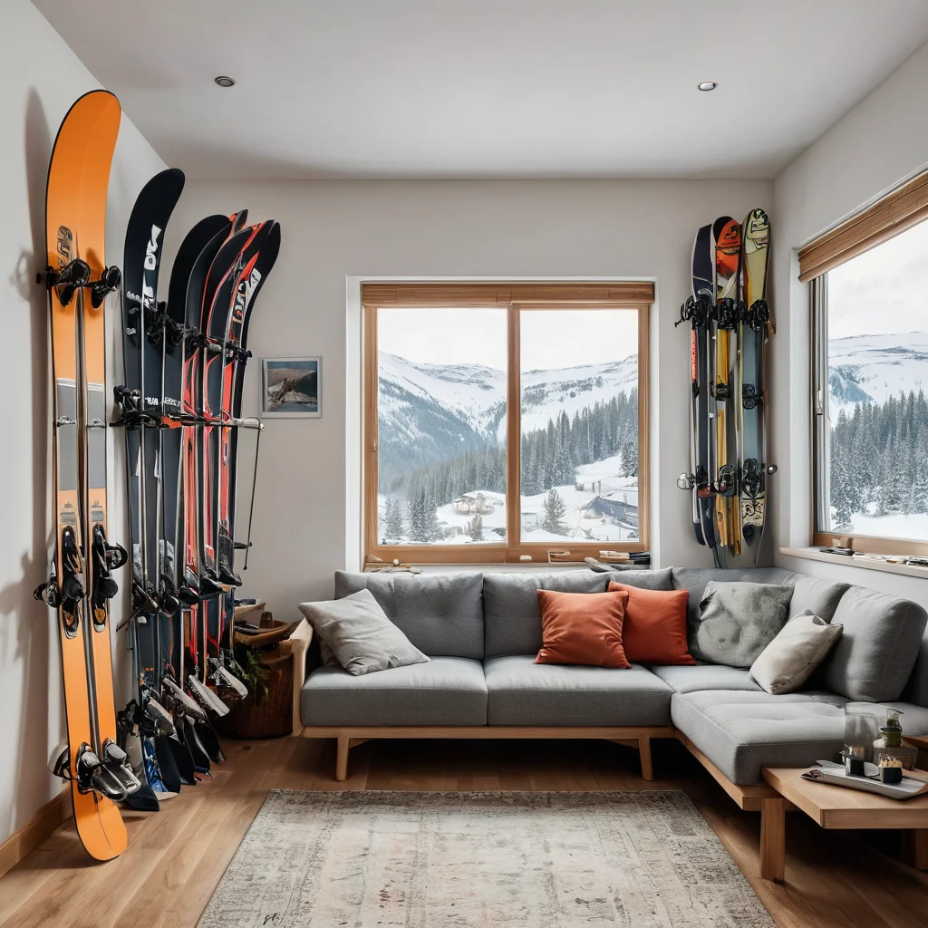 Фотореалистичное изображение тесной гостиной в малогабаритной квартире, заваленной санями и лыжами, демонстрирующее проблему хранения сезонного спортивного инвентаря.