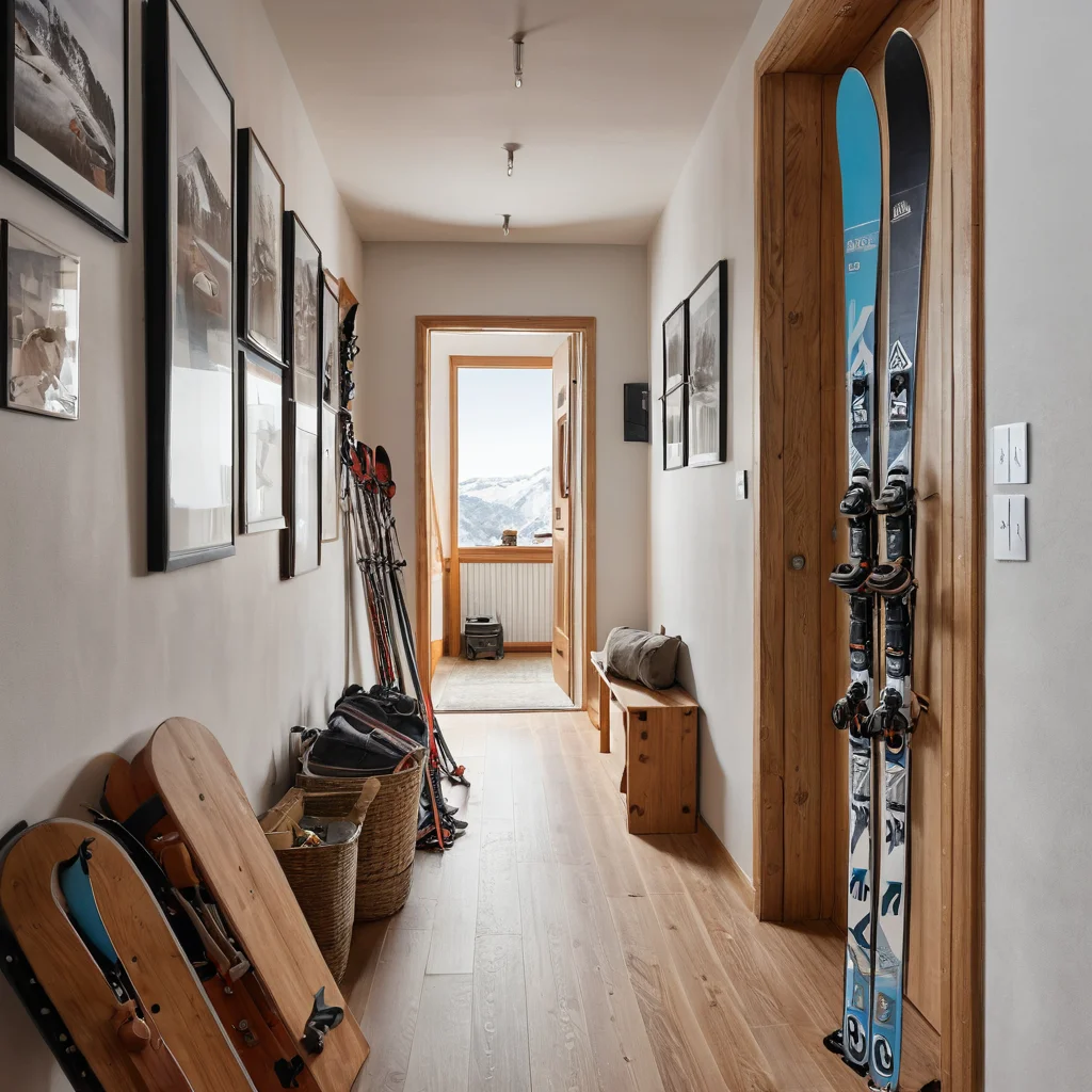 Фотореалистичное изображение загроможденного коридора в квартире, где лыжи стоят хаотично, а санки блокируют проход, иллюстрируя типичные ошибки при хранении крупногабаритных вещей.
