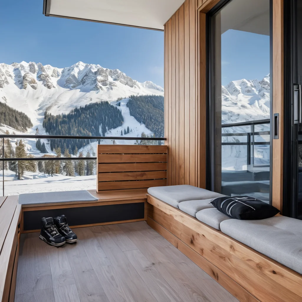 Фотореалистичное изображение балкона квартиры, где интегрированный в скамью отсек для хранения лыж является частью интерьера, показывая трансформацию пространства для размещения инвентаря.