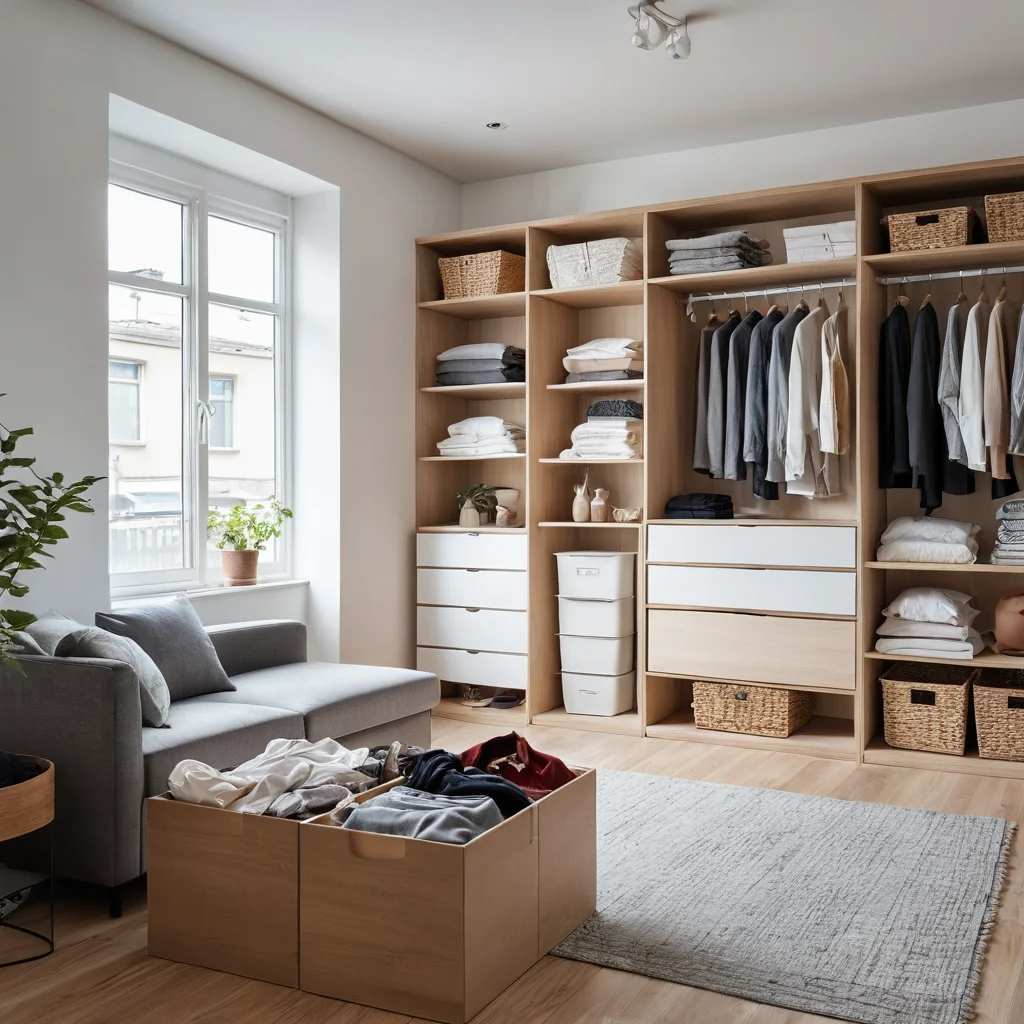 Фотореалистичное изображение процесса ревизии и сортировки сезонных вещей в небольшой квартире: аккуратно сложенные коробки, чистые поверхности, минималистский подход к организации, хорошо освещенное пространство.