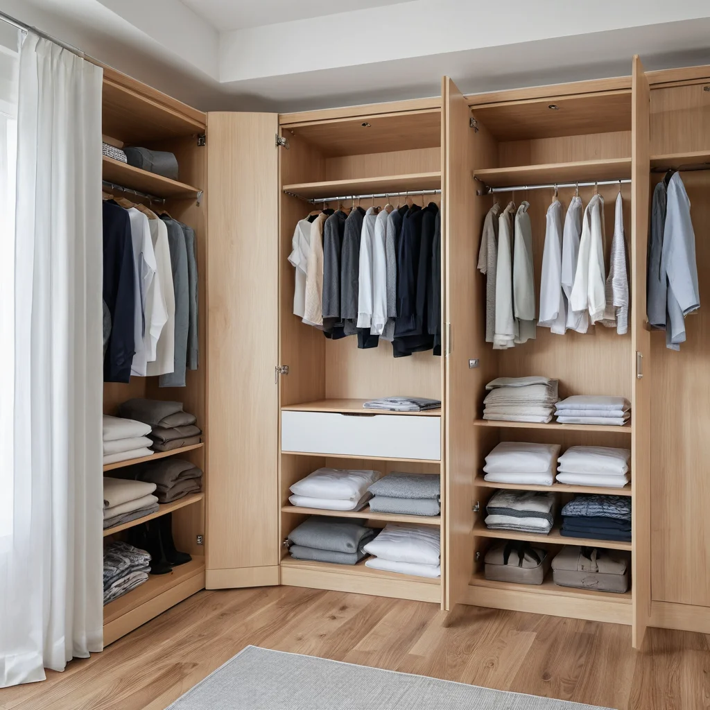 Фотореалистичное изображение компактных решений для хранения сезонной одежды в небольшой квартире: аккуратно сложенные вещи, вакуумные пакеты, ящики под кроватью, вертикальное хранение, умная мебель.