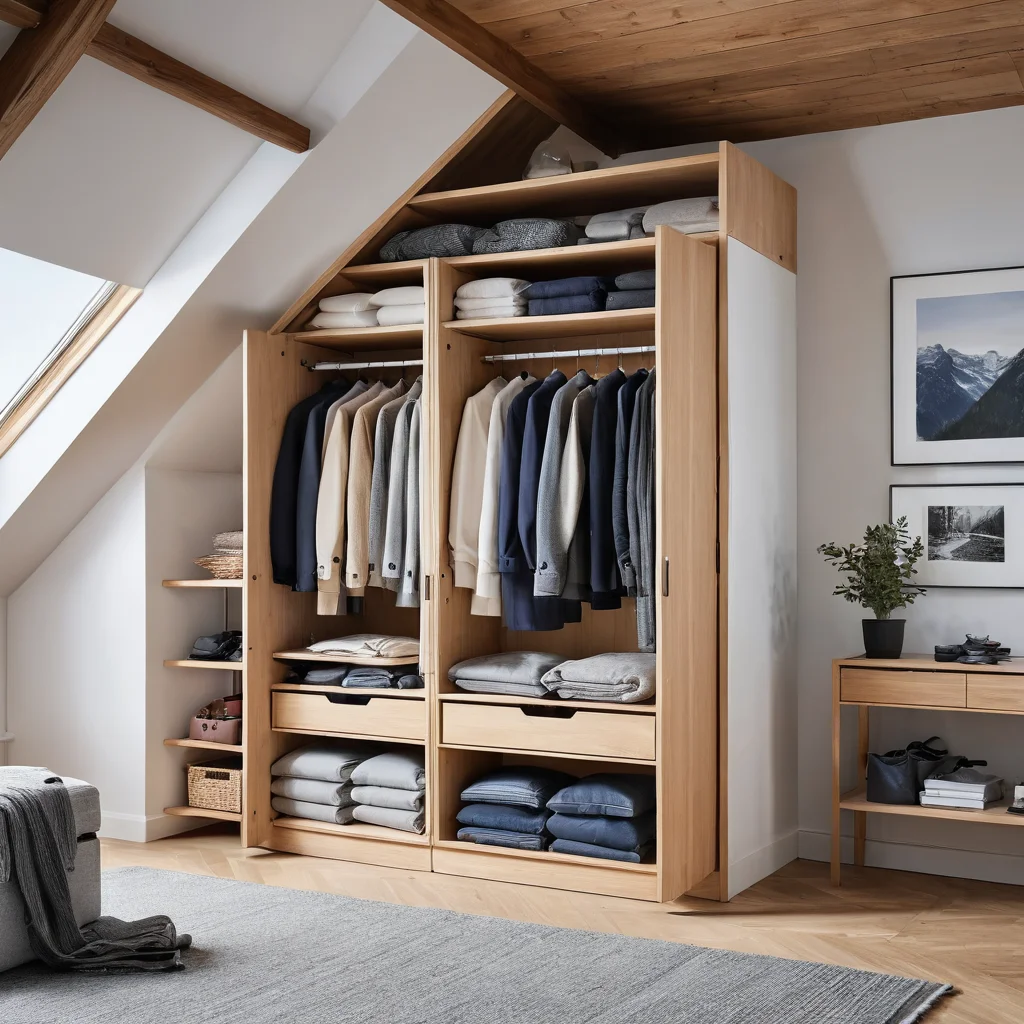 Фотореалистичное изображение умных мест для хранения сезонных вещей в небольшой квартире: скрытые отсеки, высокие полки, чердачное пространство, где летом хранятся лыжи, а зимой – летние платья.