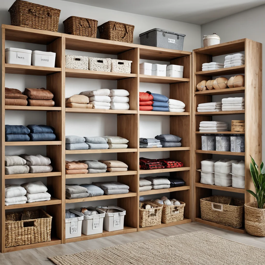 Фотореалистичное изображение организации хранения сезонного инвентаря в небольшой квартире: спортивное снаряжение, принадлежности для хобби, праздничные украшения на аккуратных полках и настенных креплениях.