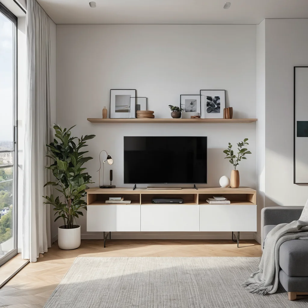 Фотореалистичное изображение интеграции сезонного хранения в повседневную жизнь и дизайн небольшой квартиры: скрытые решения, многофункциональная мебель, эстетичный и минималистичный вид.