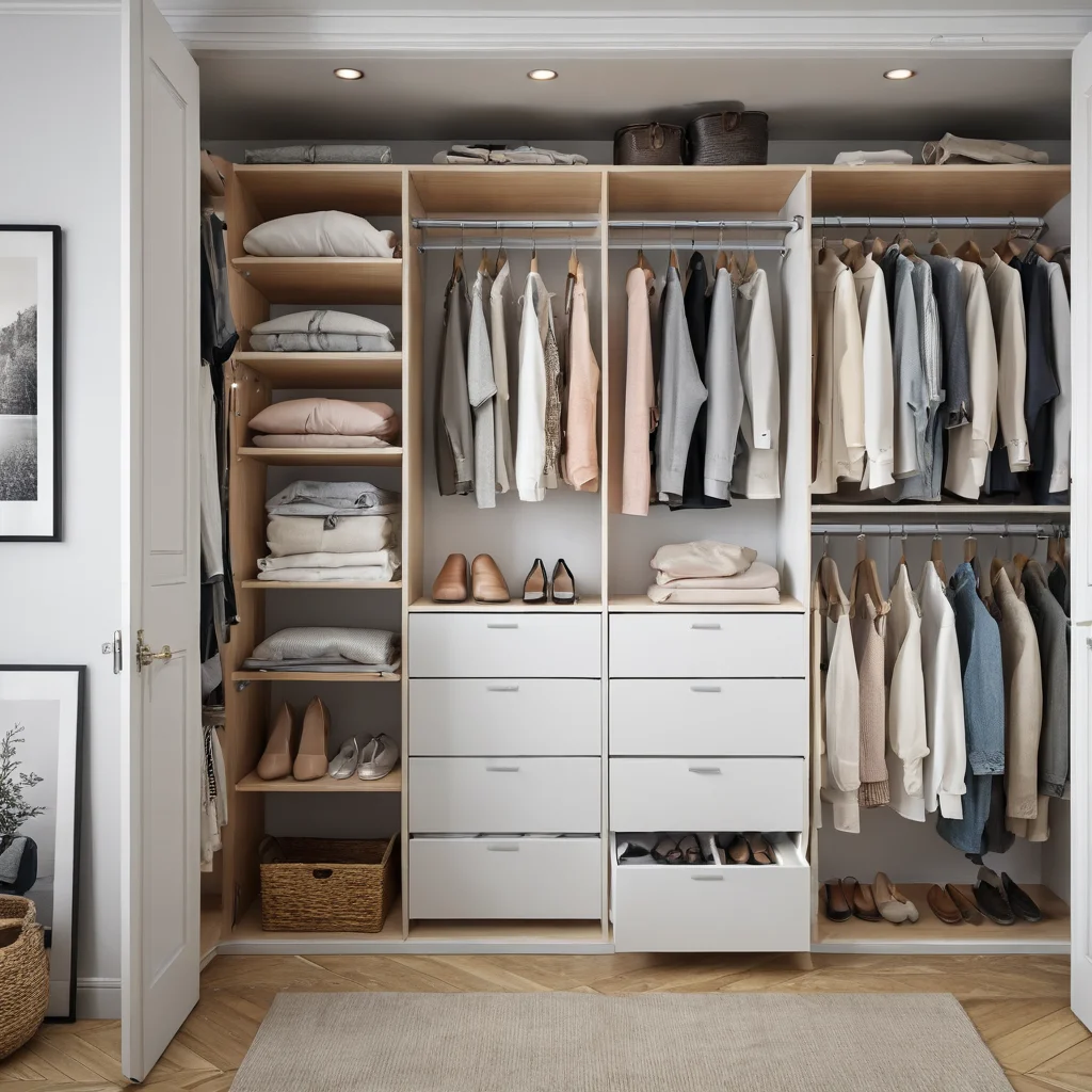 Фотореалистичное изображение интерьера небольшой квартиры, демонстрирующее проблему сезонного хранения: захламленный шкаф, заваленный вещами, затрудненный доступ и общий дефицит пространства.