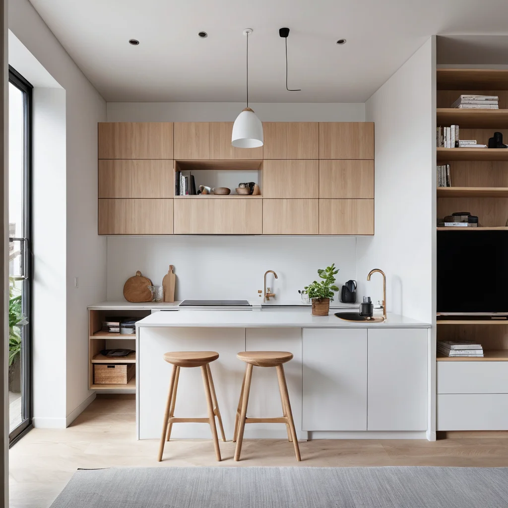 Фотореалистичное изображение освобожденного пространства в небольшой квартире благодаря грамотному сезонному хранению: минималистичная эстетика, чистые линии, яркий естественный свет, полное отсутствие беспорядка.