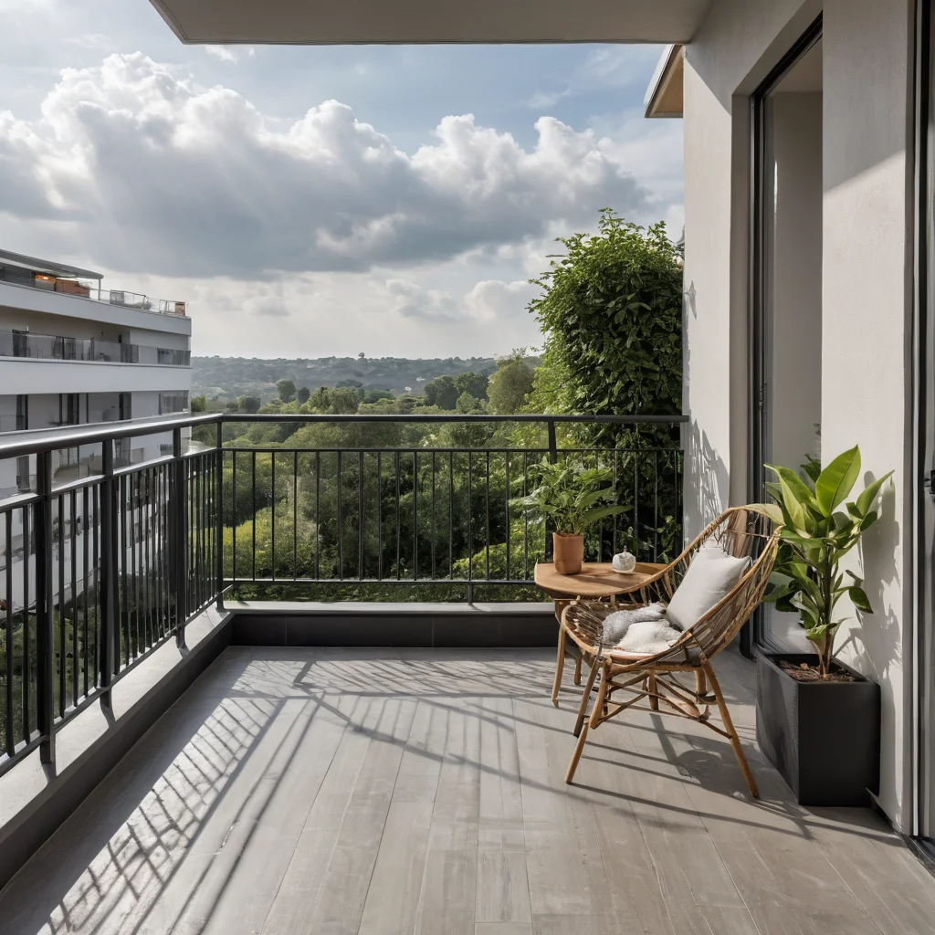 Открытый балкон, демонстрирующий уязвимость вещей к погодным условиям: капли дождя на предметах, выцветшая ткань под прямыми солнечными лучами, подчеркивающие проблемы хранения.