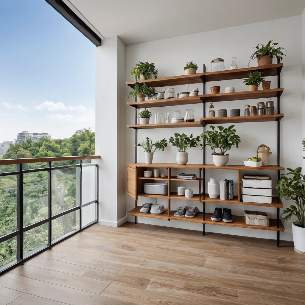 Фотография, иллюстрирующая процесс оценки типа открытого балкона и выбора подходящих материалов для систем хранения, таких как погодостойкая древесина и металлические полки.