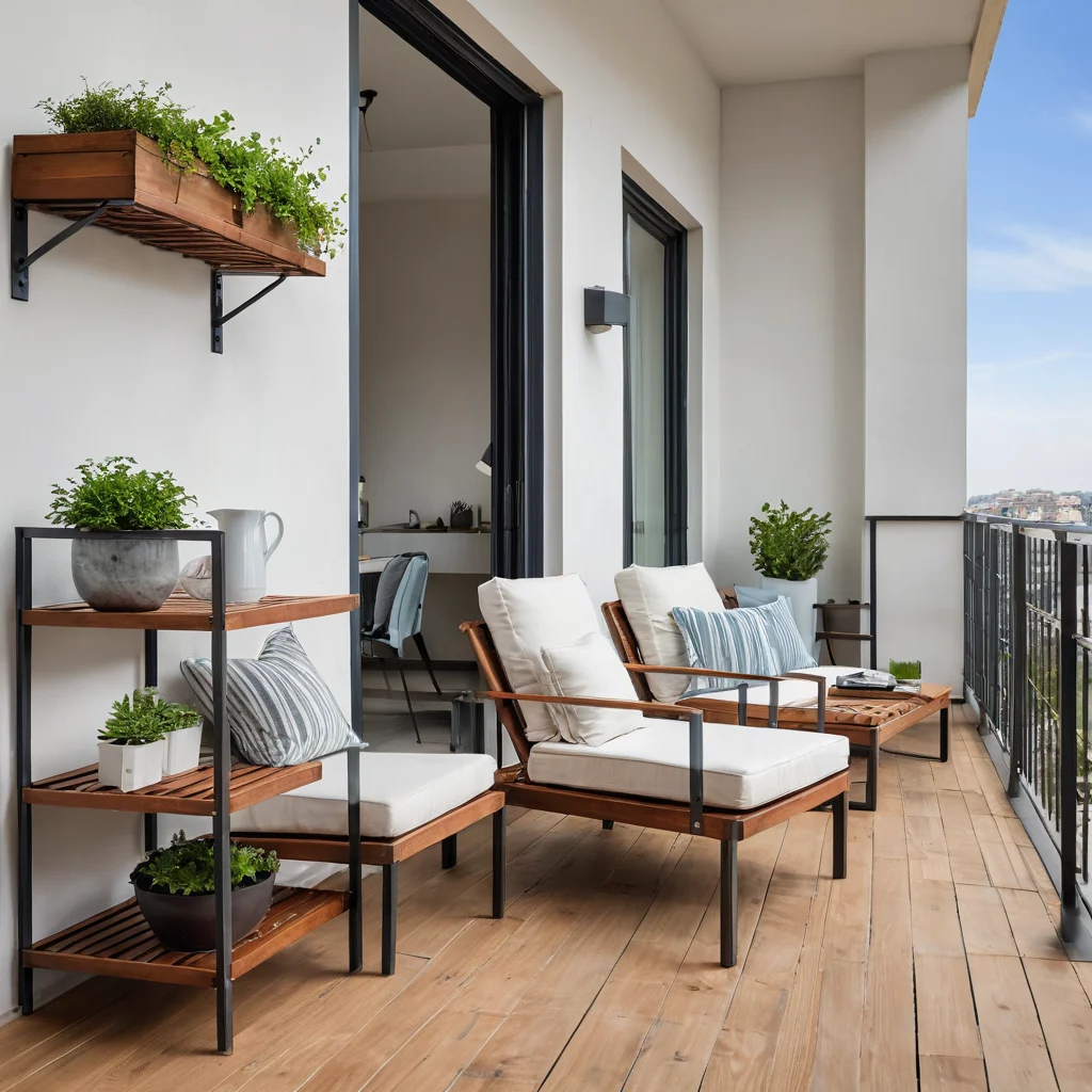 Фотография, демонстрирующая уход за мебелью для хранения на открытом балконе: чистка деревянных полок, защита металлических конструкций от ржавчины, подчеркивающая долговечность.