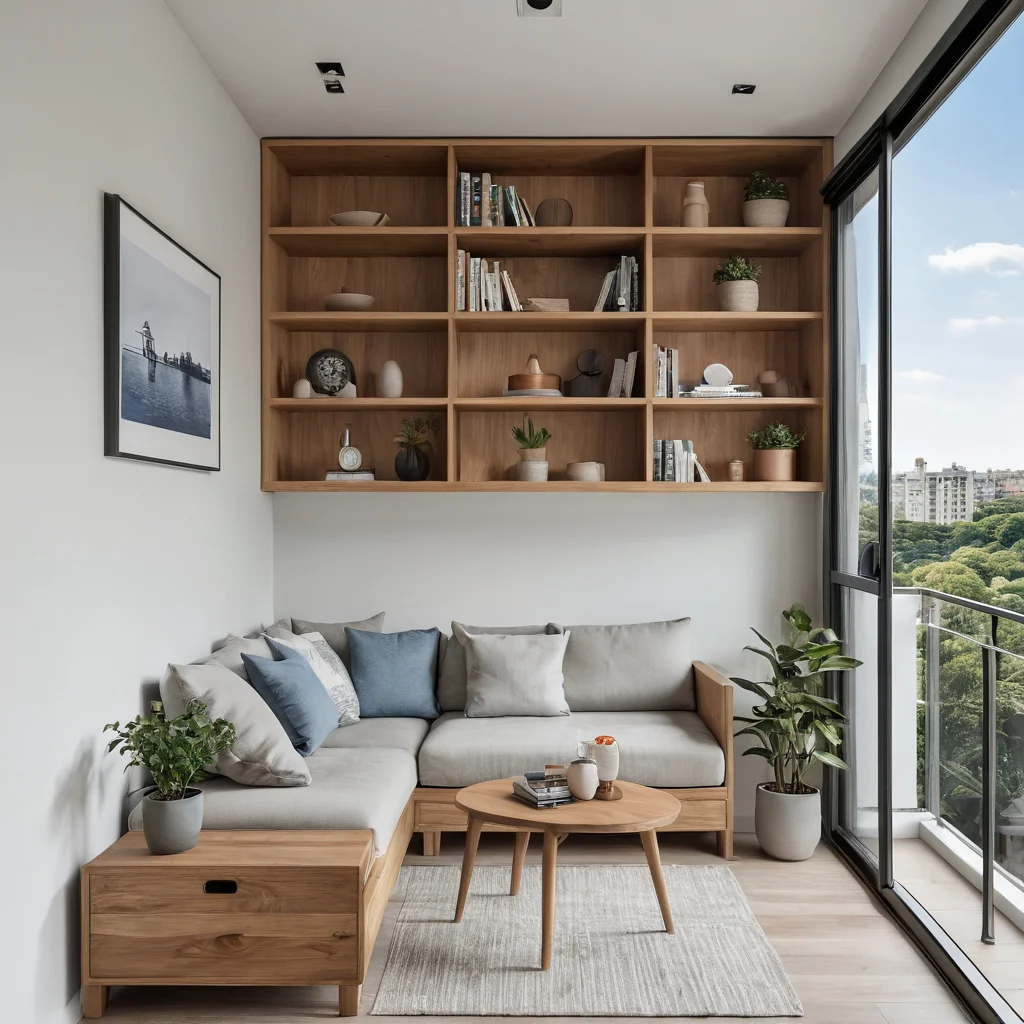 Фотореалистичное изображение открытого балкона, где демонстрируется функциональное решение для хранения вещей, разрушающее миф о его непригодности для этой цели в условиях маленькой квартиры.