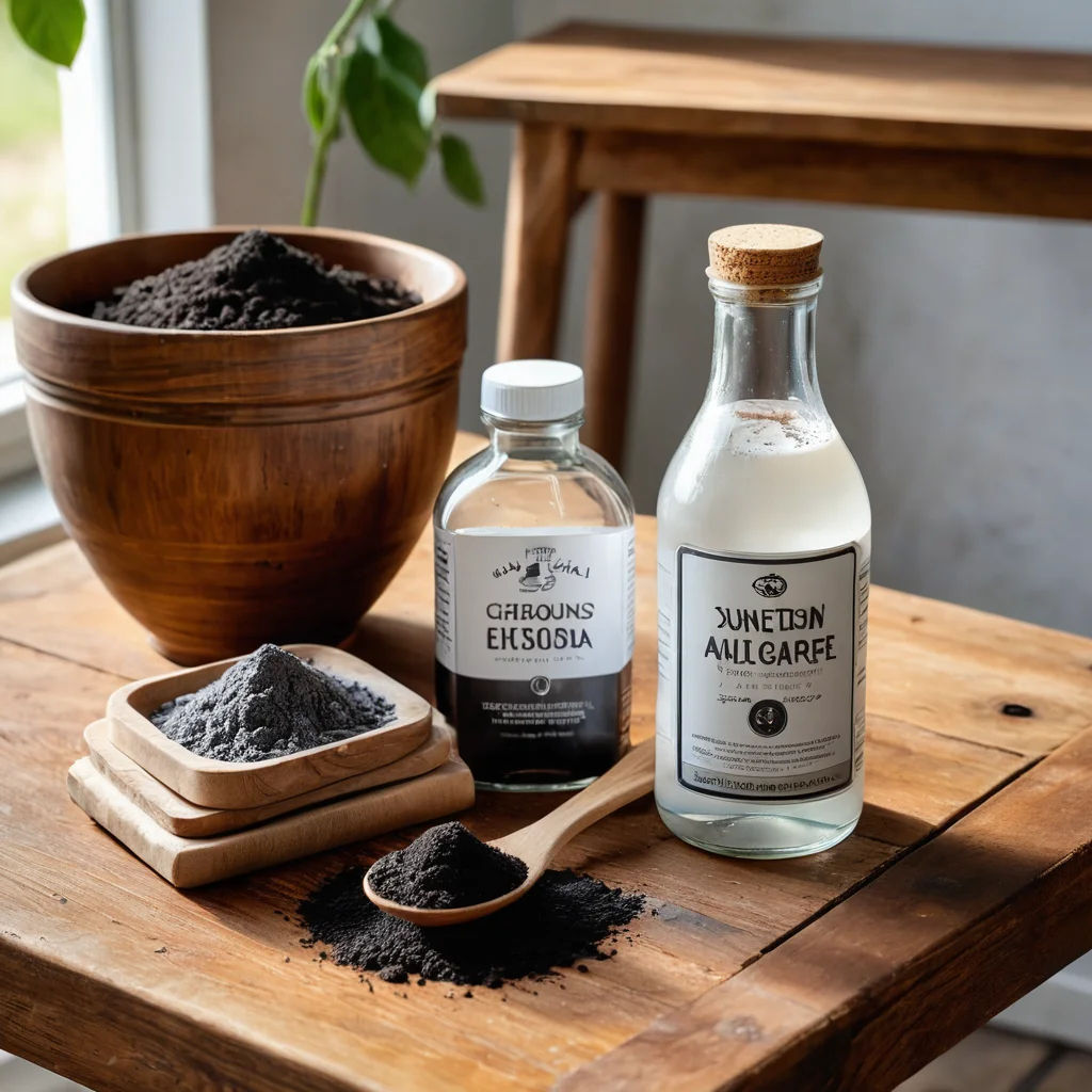 Натюрморт с домашними средствами для устранения запаха старости: миски с пищевой содой, активированным углем, кофейными зернами, бутылка белого уксуса и эфирные масла, расположенные рядом со старой деревянной тумбой. Экологичные и бюджетные спасители для мебели.