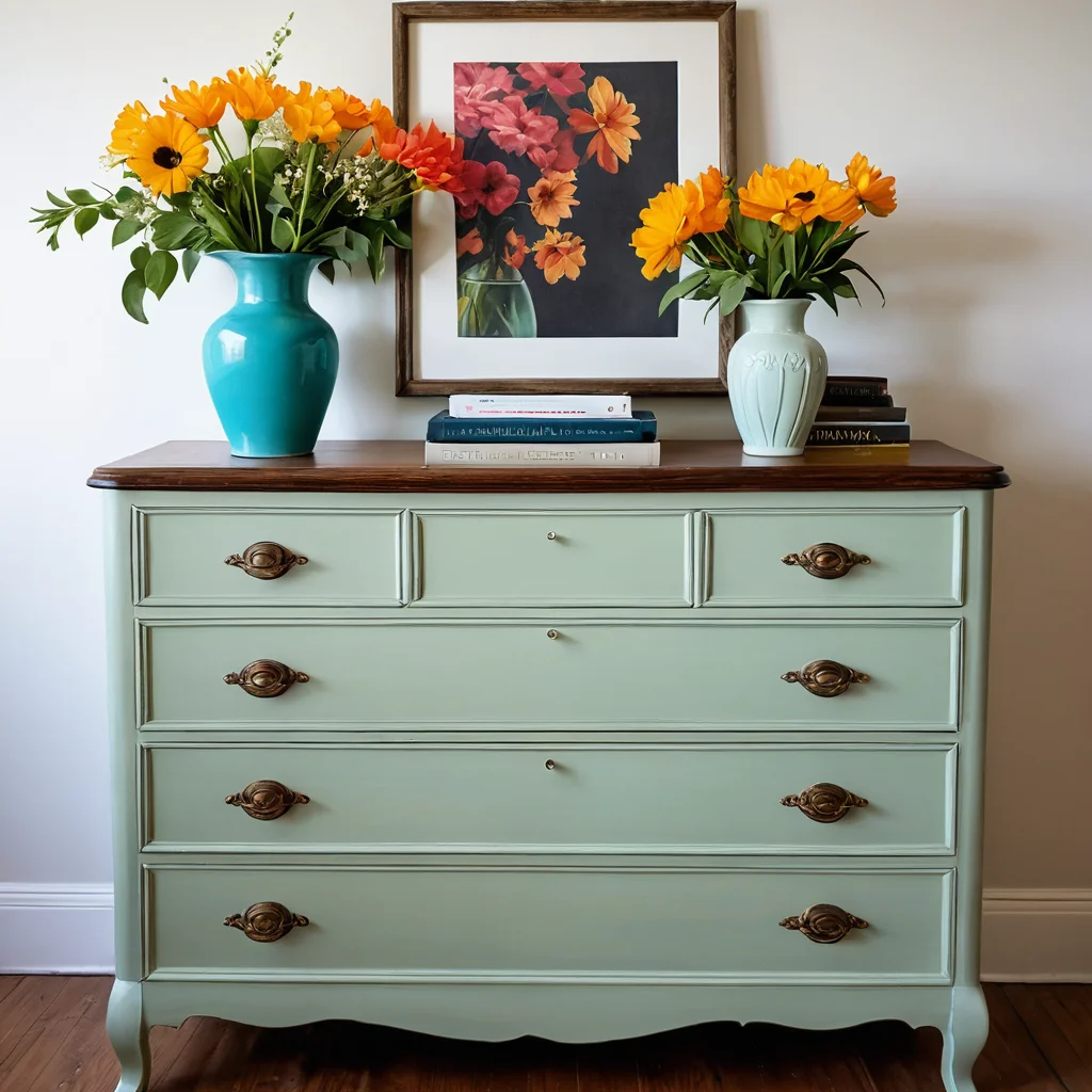 Стильно преображенный винтажный комод, перекрашенный в современный цвет с новой фурнитурой, украшенный вазой с цветами и книгами. Идея 'новой жизни' старой мебели после чистки, демонстрирующая ее потенциал для стильного преображения интерьера.