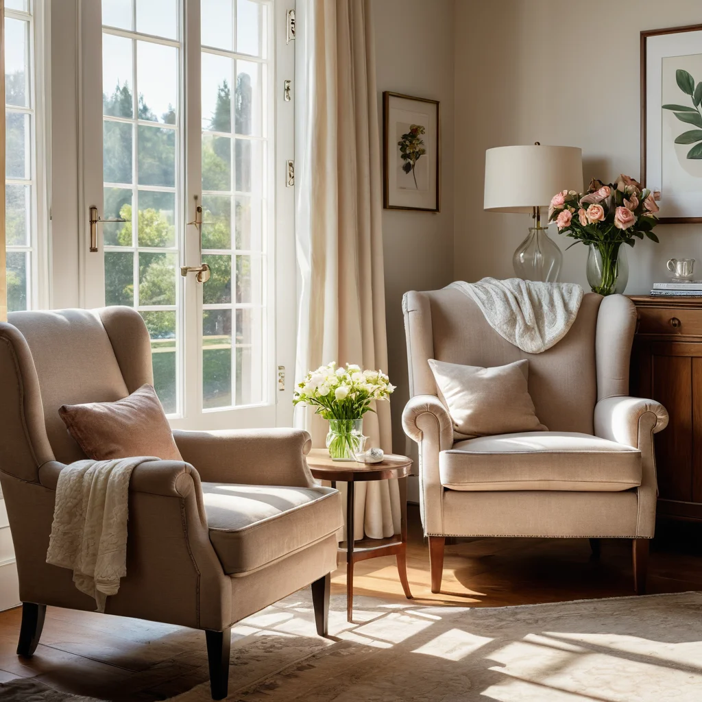 Уютная, светлая гостиная, залитая солнечным светом, с обновленной винтажной мебелью (например, креслом и кофейным столиком), излучающей свежесть и чистоту. Атмосфера комфорта в доме без запаха 'старости', созданная своими руками.