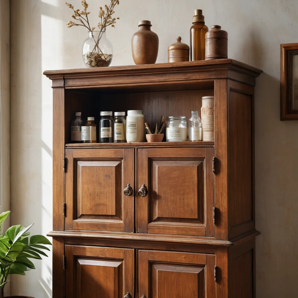 Старый деревянный комод с легким налетом пыли, демонстрирующий признаки возраста. Рядом с ним руки человека, начинающие процесс чистки, чтобы устранить запах старости и вернуть мебели свежесть своими руками.